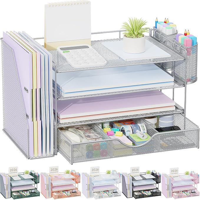 gianotter Desk Organizers and Accessories with File Holder, 4-Tier Desk Accessories & Workspace Organizers with Drawer and 2 Pen Holder, Paper Organizer for Office Supplies (Grey) by gianotter