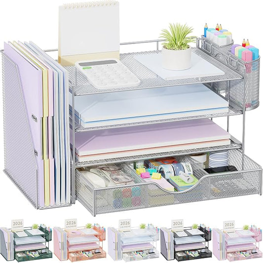 gianotter Desk Organizers and Accessories with File Holder, 4-Tier Desk Accessories & Workspace Organizers with Drawer and 2 Pen Holder, Paper Organizer for Office Supplies (Grey) by gianotter