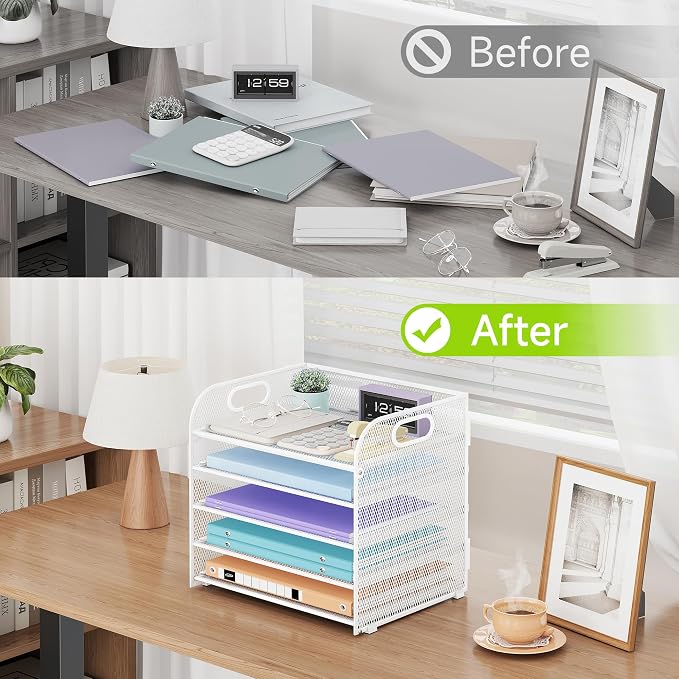 Cawukege 5 Tier Paper Organizer with Handle, White Metal Mesh Desk Organizer File Folder Paper Letter Tray Desktop Document Sorter for Classroom, School, Office Accessories Organization and Storage - Image 6