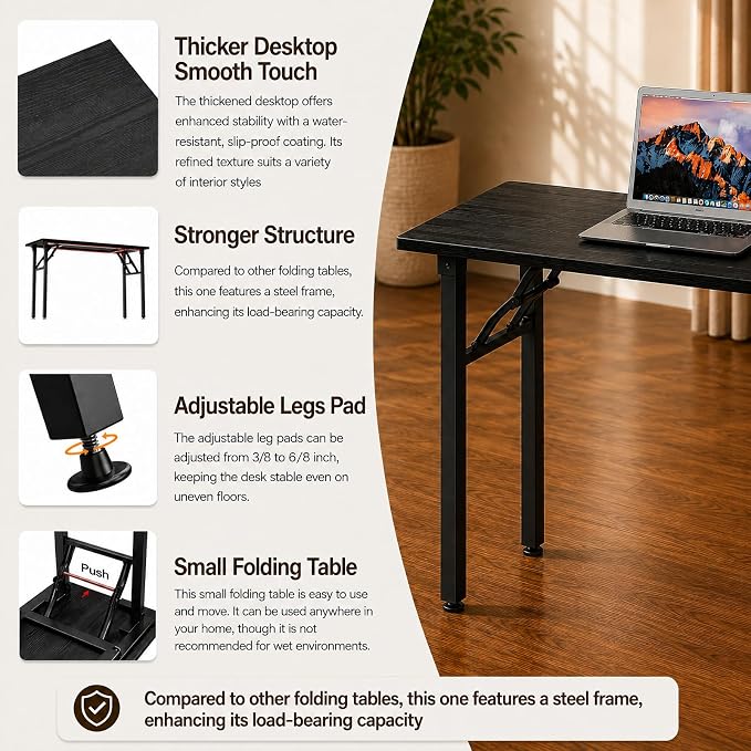 Folding Table Computer Desk - 43.3" No Assembly Folding Desk Design and Foldable Office Desk, Small Desk for Bedroom, Compact Storage Portable Use for Dorm and RV Small Space, Dark Oak - Image 7