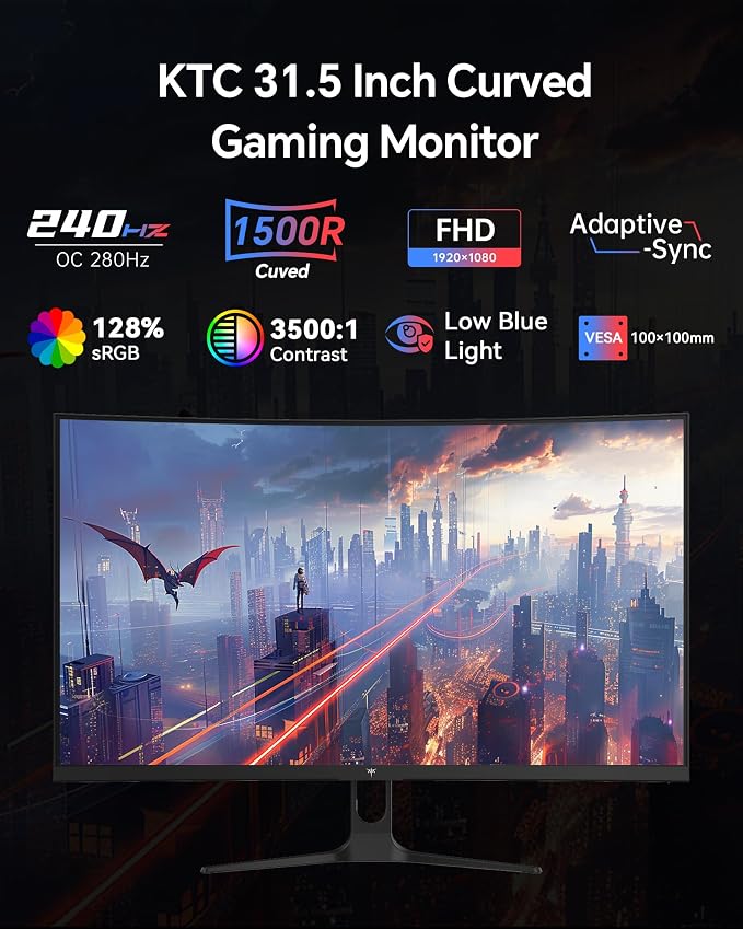 KTC 32 Inch Curved 240Hz Gaming Monitor, 280Hz PC Computer Monitors 1080P FHD, 1500R Curve, 1MS MPRT, Adaptive Sync, 128% sRGB, 3500:1, HDR Low Blue Light, Tiltable VESA Mount, H32C5 - Image 2