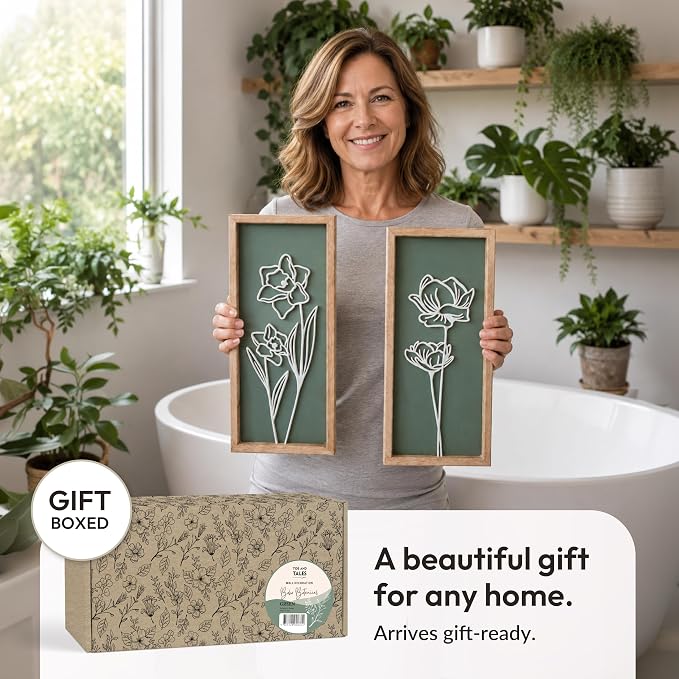 3D Floral Green Wall Art (Set of 2) Lightweight, Wooden Ready-to-Hang Boho Framed Wall Art for Bathroom, Bedroom, Living Room or Office – Premium Sage Green Farmhouse Decor – Gift-Boxed - Image 8
