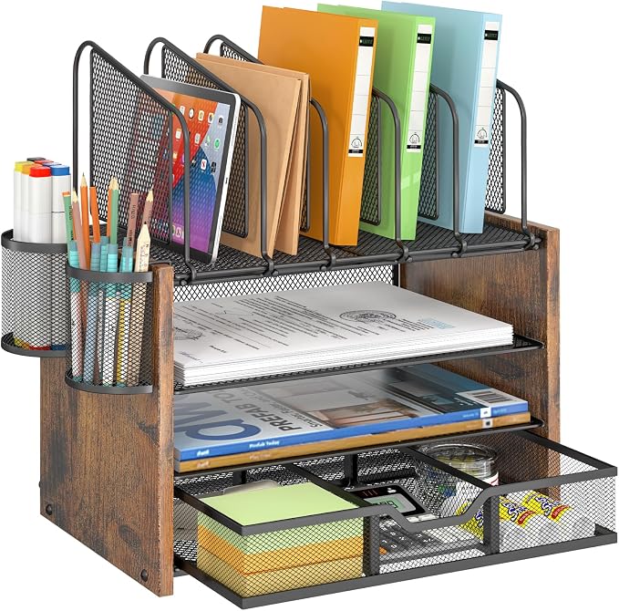 DAOUTIME 4-Tier Mesh Desk Organizer, Wooden Desk File Organizer with 5 Vertical File Holders and 2 Pen Holders, Desktop Organizers and Accessories with Drawer for Home Office by DAOUTIME