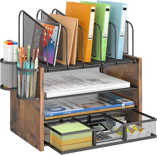DAOUTIME 4-Tier Mesh Desk Organizer, Wooden Desk File Organizer with 5 Vertical File Holders and 2 Pen Holders, Desktop Organizers and Accessories with Drawer for Home Office by DAOUTIME