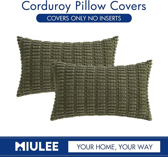 MIULEE Pack of 2 Spring Corduroy Decorative Lumbar Throw Pillow Covers 20x12 Inch Soft Boho Striped Pillow Covers Modern Farmhouse Home Decor for Summer Sofa Living Room Couch Bed Olive Green - Image 9