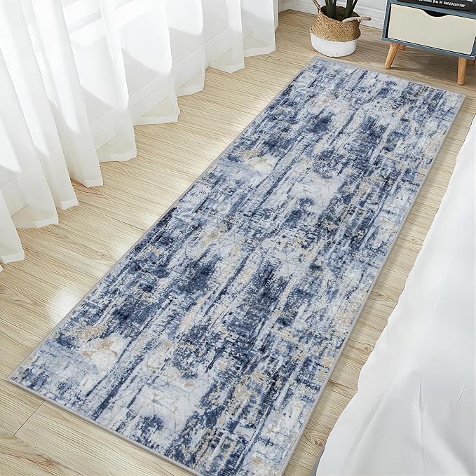 2'6''x8' Runner Rugs Washable Rug: Modern Abstract Hallway Runner Rug Indoor Soft Low Pile Thin Carpet Anti-Skid Non-Shedding Carpets for Kitchen, Entryway, Laundry, Bedroom - Blue Gold - Image 3