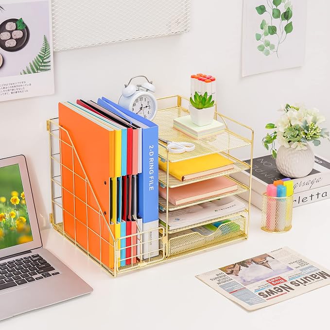 Marbrasse Rose Gold Desk Organizer with File Holder, 5-Tier Paper Letter Tray Organizer with Drawer and 2 Pen Holder, Mesh Desktop Organizer and Storage with Magazine Holder for Office Supplies - Image 3