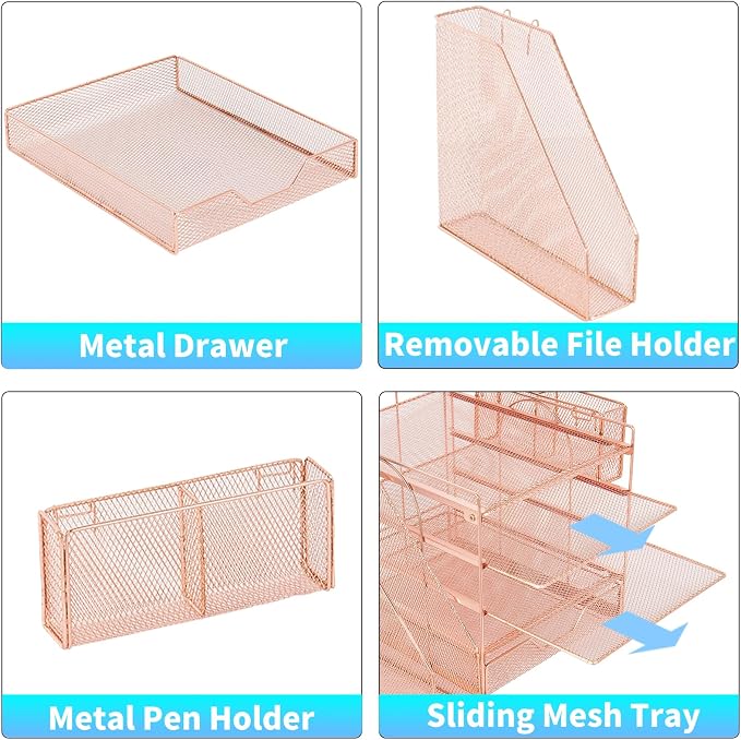 Desk Organizers and Accessories, 5-Tier Paper Letter Tray Organizer with File Holder, Drawer & Pen Holder, Office Desk Accessories, Desktop Organizer for Classroom Office Supplies, Rose Gold - Image 3