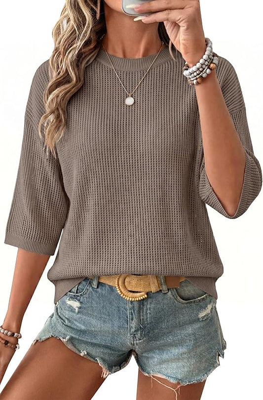 Arach&Cloz Womens Summer 100% Cotton Oversized Crochet Tops 3/4 Length Sleeve Sweater Hollow Out Casual Blouses 2026 by ArachClozFocusonQuality
