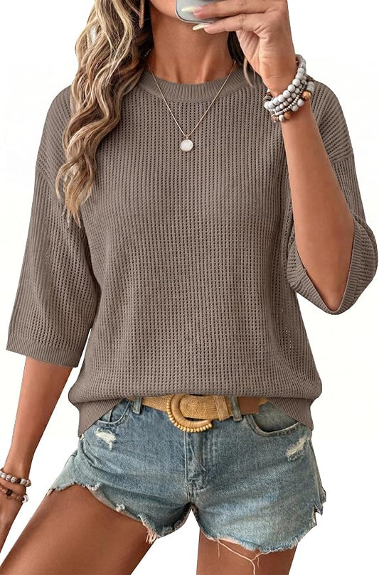 Arach&Cloz Womens Summer 100% Cotton Oversized Crochet Tops 3/4 Length Sleeve Sweater Hollow Out Casual Blouses 2026 by ArachClozFocusonQuality