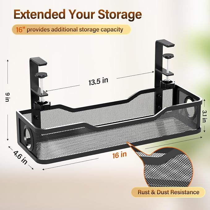 Under Desk Cable Management Large, Cinati 16" Cable Management Box for Table Thickness up to 3", Wire Cord Organizer with Clamp No Drill, No Damage to Desk (Black) - Image 6
