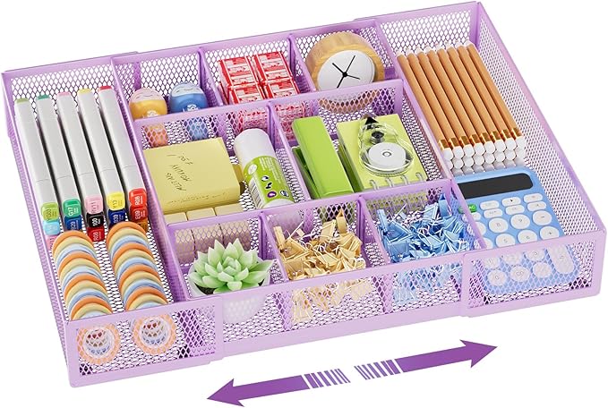 Marbrasse Expandable Desk Drawer Organizer, Mesh Drawer Organizer Tray with 10 Adjustable Compartments, Desk Organizers and Accessories for Office Supplies, Makeup & Vanity (Expandable-Purple) by Marbrasse