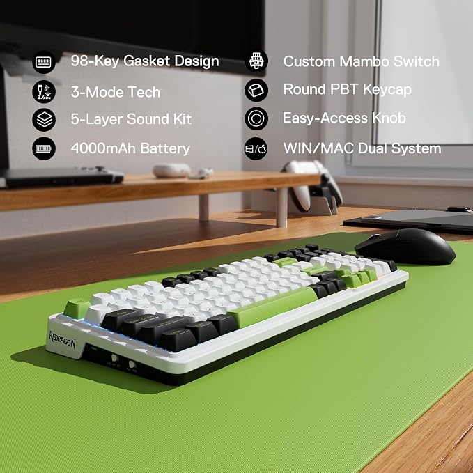 Redragon K686 PRO Wireless RGB Gasket Gaming Mechanical Keyboard, Easy Knob | Multi-Function Control Wheel, 0-Delay Tri-Mode, Cushioned 5-Layer Noise Dampening for Creamy Thocky Sound, Practical 98 Keys - Image 6
