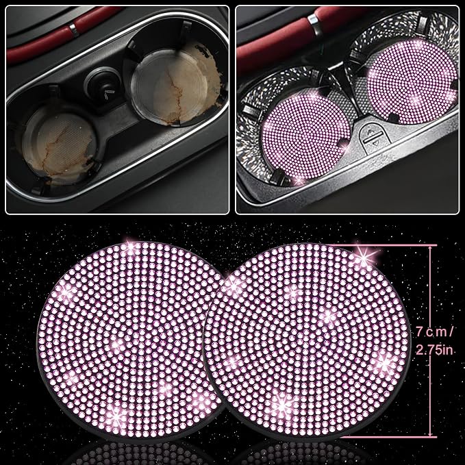 NBTEPEM 27-Piece Bling Car Accessories Set - Universal Fit Steering Wheel Covers, License Plate Frames, Phone Holder, Car Fast Charger, Coasters (Pink) - Image 8