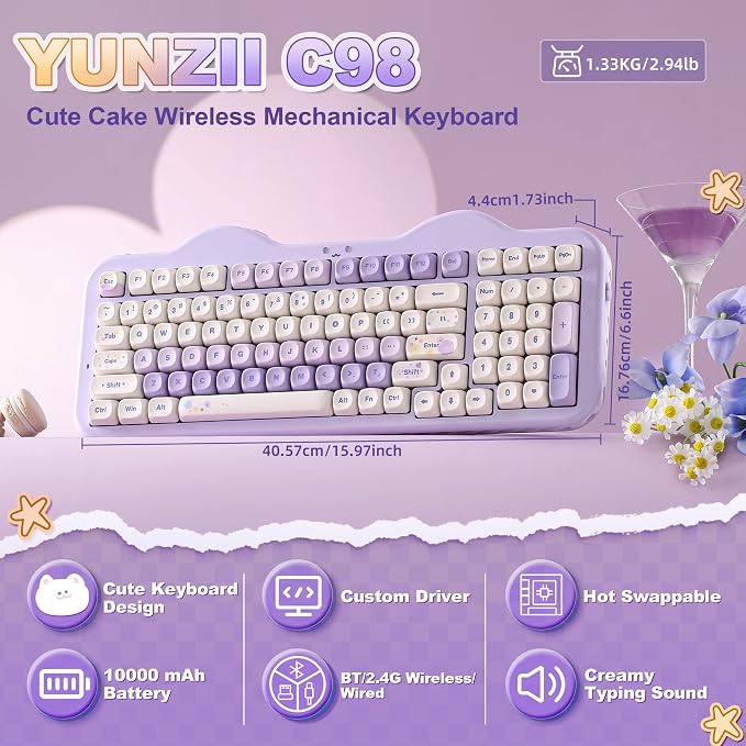 YUNZII C98 Cute Cake Wireless Mechanical Keyboard (Purple, Candy Switch) | 99 Keys with Number Pad, Hot Swap, PBT MOA Keycaps, BT5.0/2.4G/USB-C, Gasket Mount, Custom RGB Backlit for Win/Mac - Image 2