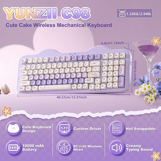 YUNZII C98 Cute Cake Wireless Mechanical Keyboard(Purple, Milk Switch) | 99 Keys with Number Pad, Hot Swap, PBT MOA Keycaps, BT5.0/2.4G/USB-C, Gasket Mount, Custom RGB Backlit for Win/Mac - Image 2