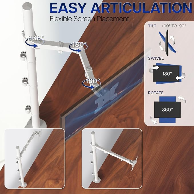 VIVO Extra Tall Single Monitor Desk Mount Stand with 39 inch Pole, Features Full Adjustability - Tilt and Articulation, Holds 13 to 32 inch Screens up to 10kg with VESA Mounting, White, STAND-V011W - Image 3