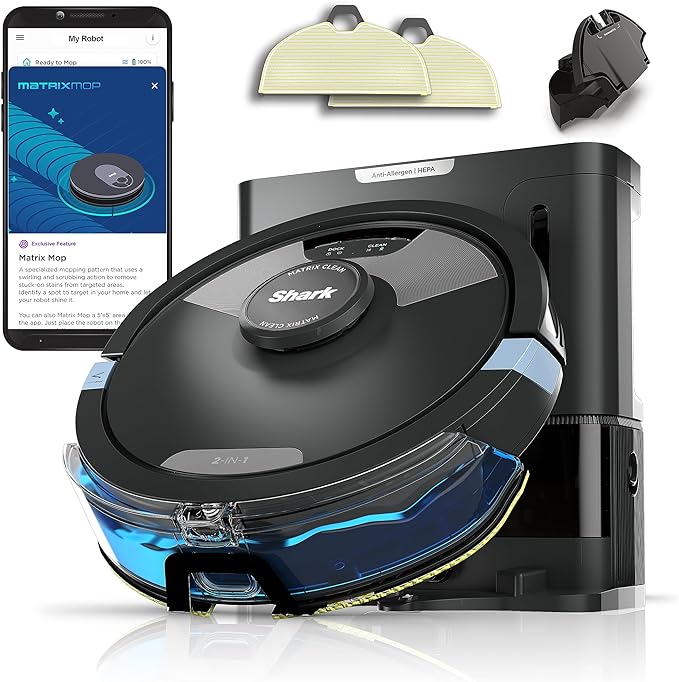 Shark Matrix Plus 2in1 Robot Vacuum & Mop with Sonic Mopping, Matrix Clean, Home Mapping, HEPA Bagless Self Empty Base, CleanEdge, for Pet Hair, Wifi, Black/Silver (RV2610WA) by Unknown