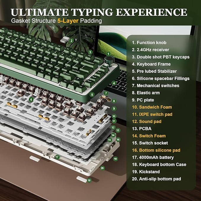 YUNZII B75 PRO 75% Wireless Mechanical Keyboard (Olive Green,CocoaV2) | Hot Swap Keyboard with Knob, Gasket Mount, Creamy Pre-lubed Switch for Smooth Typing, BT/USB-C/2.4G, for Gaming - Image 4