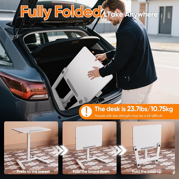 Monomi 25“ Mobile Folding Desk,Pneumatic Sit-Stand Table,No Assembly,White | Height Adjustable Rolling Laptop Desk,Space-Saving Portable Small Desk with Wheels,Ideal for Home Office,Craft & Study - Image 7