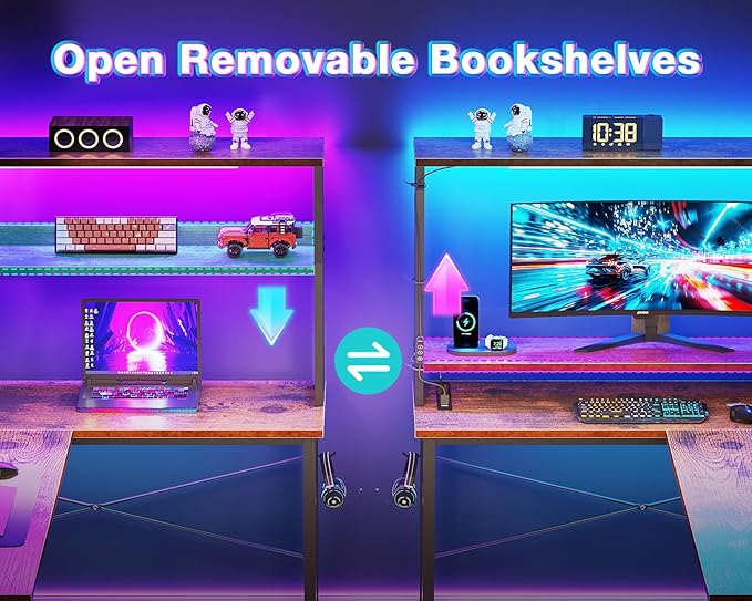 AODK L Shaped Desk Gaming Desk with LED Light & Power Outlet | 53 Inch Vintage Reversible L Shaped Computer Table with Shelf & Storage Bag & Hook for Home Office - Image 6
