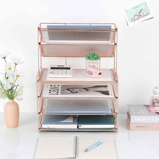OPNICE Desk Organizers and Accessories, 6-Tier Letter Tray Paper Organizer, Desktop File Organizer, Office Desk Accessories for Office Supplies (Rose Gold) - Image 3