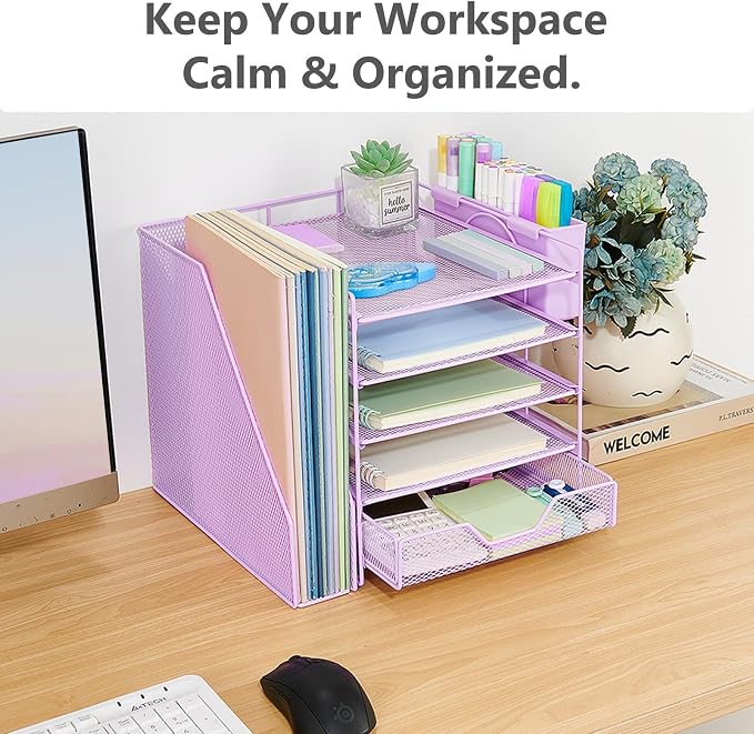 Desk Organizers and Accessories, 5-Tier Paper Letter Tray Organizer with File Holder, Drawer & Pen Holder, Office Desk Accessories, Desktop Organizer for Classroom Office Supplies, Purple - Image 5