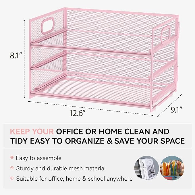 Subekyu 3 Tier Paper Letter Tray Organizer for Desk, Pink Metal Mesh File Folder Sorter Organizer with Handle and 1 PC Sliding Tray for Home Office School Desk Supplies Organization Storage - Image 2