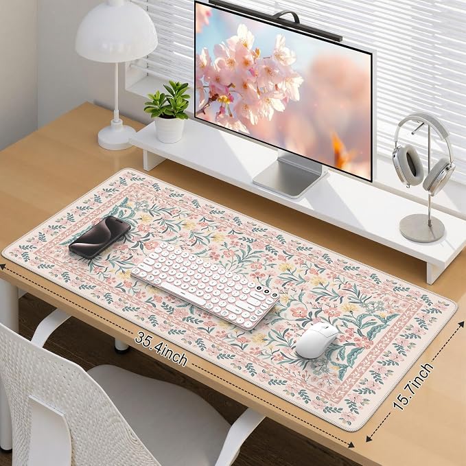 iCasso Desk Mat,Mouse Pad for Office Desk,35.4x15.7in,Pink Floral | Desk Pad for Women Home Office Decor Supplies, Desk Accessories, Non-Slip Mousepad with Stitched Edge, Smooth Water-Resistant - Image 2
