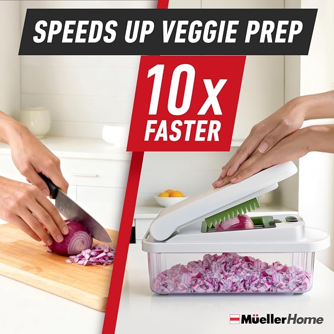 MUELLER HOME Pro-Series 10-in-1 Vegetable Chopper, 8 Blade Onion Mincer | Cutter, Dicer, Fruit Slicer with Container, French Fry Cutter Potato Slicer, Home Essentials, Salad Chopper White Sand/Green - Image 3