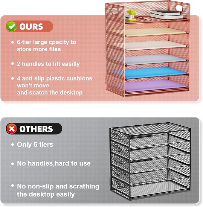 Marbrasse 6 Tier Paper Organizer Letter Tray - Mesh Desk File Organizer with Handle, Paper Sorter Organizer for Letter/A4 Office File Folder Holder - Rose Gold - Image 2