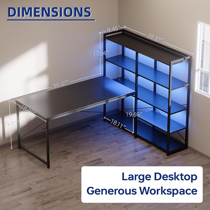 Pamray 49 Inch L Shaped Gaming Computer Desk with Shelves and Storage | Compact Reversible Design with LED Lights & Power Outlets, Suitable for Home Office Bedroom Small Spaces and Dorm Study Work - Image 6