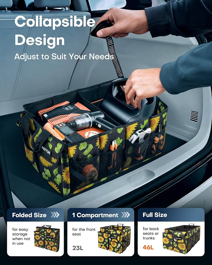 HOTOR Trunk Organizer - Car Organizer, Foldable Trunk organizer for SUVs & Sedans, Sturdy Car Organization for Car Accessories, Tools, Sundries, Sunflower, 2 Compartments, 21.3"×12.6"×10.6" - Image 5