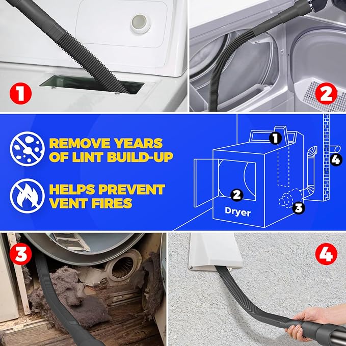 Holikme Dryer Vent Cleaner Kit – Black Lint Vacuum Attachment | Dryer Vent Vacuum Hose Replacement Parts Reach Deep Inside Vents - Remove Hidden Lint, Speed Drying & Reduce Fire Risk - Image 4