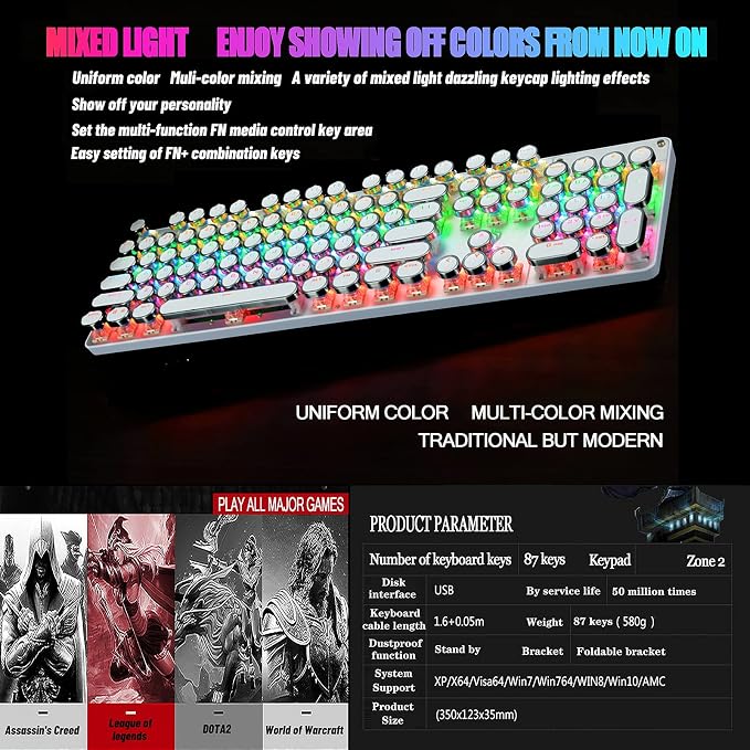 YSCP Typewriter Style Mechanical Gaming Keyboard Rainbow Backlit Wired with Blue Switch Retro Round Keycap 104 Keys Keyboard (L-White) - Image 7