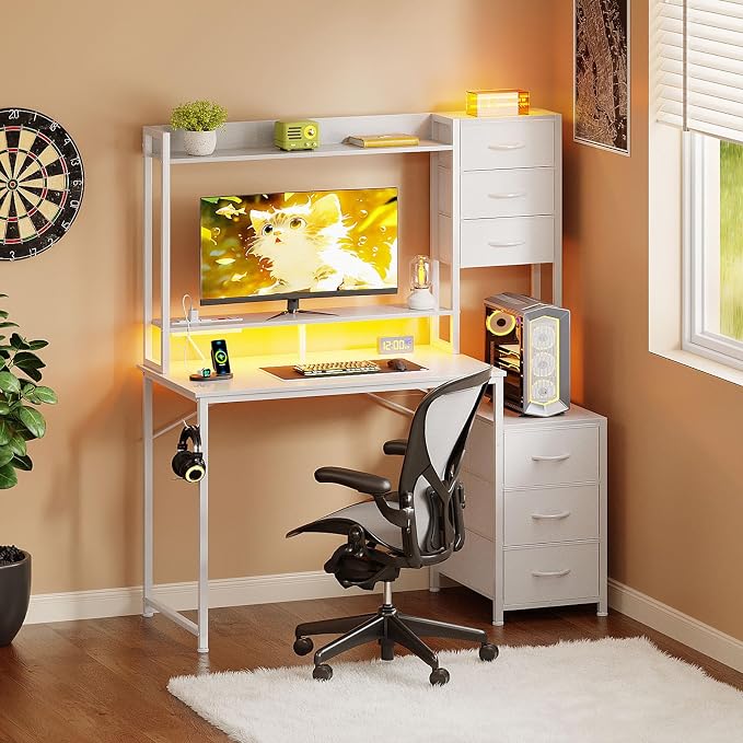 MUTUN 47 Inch Computer Gaming Desk with Hutch Power Outlet and LED Strip, Home Office Work Study Writing Desk with 6 Fabric Drawers and Storage for Bedroom, Escritorios para Computadoras, White - Image 2