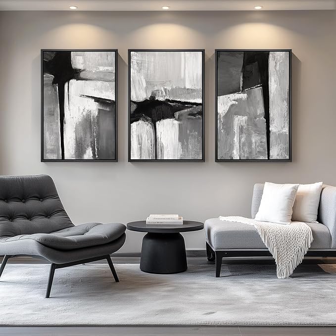 Large Framed Black and White Gray Abstract Wall Art, 3 Piece Modern Canvas Prints Paintings Artwork for Walls, Grey Abstract Pictures for Living Room Hallway Bedroom Office Wall Decor Total 30x60 In - Image 4