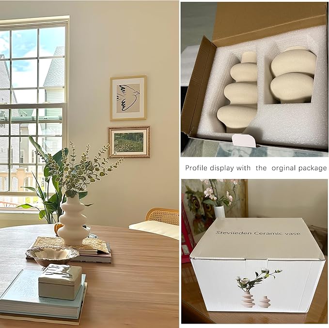 Steviieden Ceramic Vases Set 2, Modern Home Decor,Off White Round Vases,Modern Dried Flower Vases, Boho Home Decor for Centerpieces Wedding Dinner Table Party Living Room Office Bedroom - Image 5
