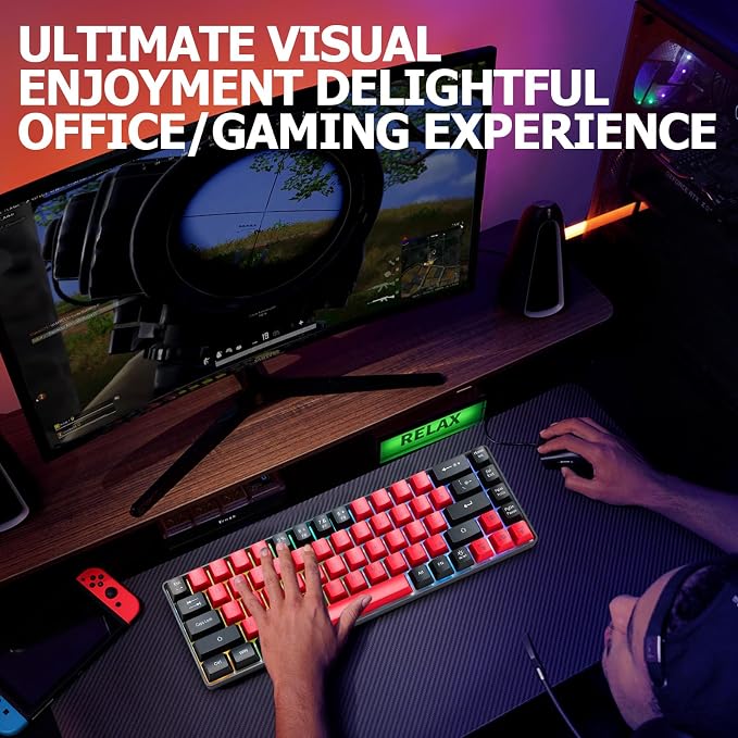 Wired Portable 60% Mechanical Feeling Gaming Keyboard,RGB LED Backlit Compact 68 Keys Mini Wired Office Keyboard for Windows Laptop PC Mac Gamer, Typist, Travel on Business Trip- Red and Black - Image 7