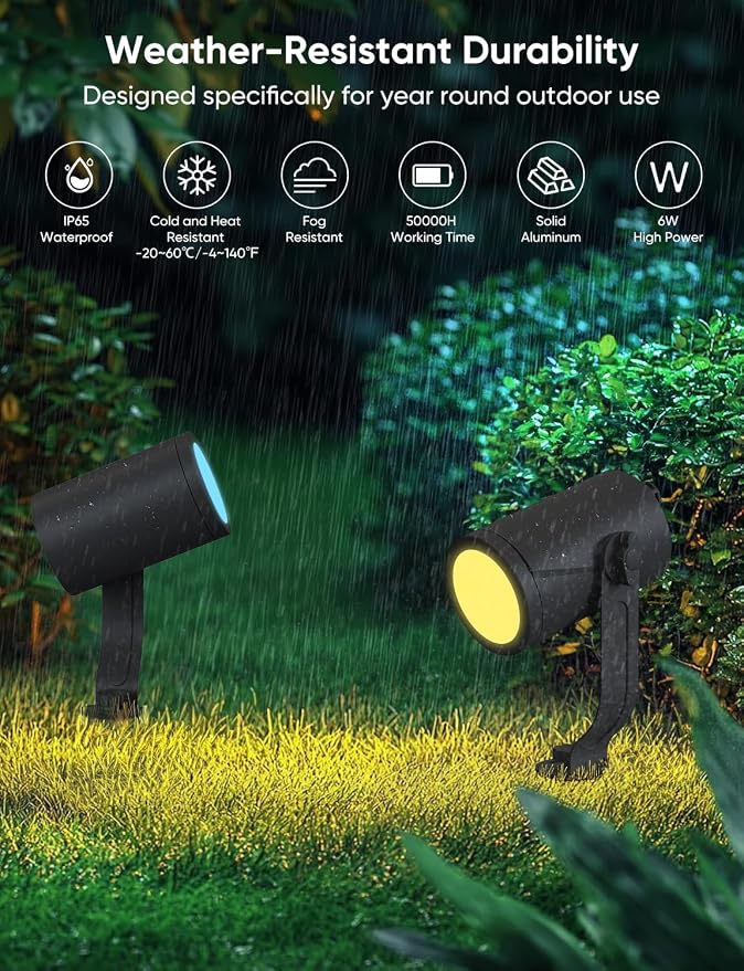 APPECK Smart Landscape Lighting Kit 36W, 6 Pack Outdoor Spot Lights RGBCW | Color Changing Landscape Lights, IP65 Waterproof, for Garden Pathway Yard, Daily Holiday Decor, Google Assitant Compatible - Image 3