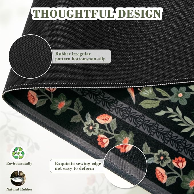 iCasso Floral Desk Mat,Mouse Pad for Office Decor,35.4x15.7in,Black | Back to School Desk Pad Mat, Anti-Slip Big Mousepad with Stitched Edges for Computer Desktop,Smooth Water-Resistant - Image 4