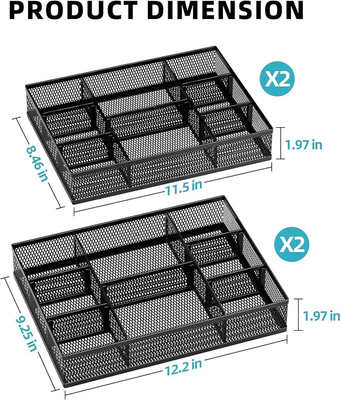 Marbrasse 2 Pack Desk Drawer Organizer, Mesh Drawer Organizer Tray with 8 Adjustable Compartments, Desk Organizers and Accessories, 5 Dividers Drawer for Office Supplies, Makeup & Vanity (Black-2P) - Image 5