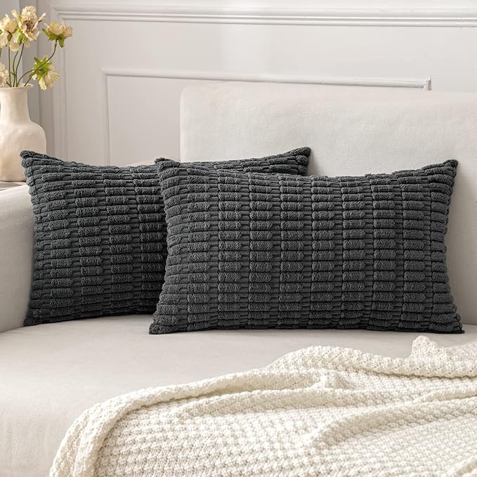 MIULEE Pack of 2 Corduroy Decorative Lumbar Throw Pillow Covers 20x12 Inch Soft Boho Striped Pillow Covers Modern Farmhouse Home Decor for Sofa Living Room Couch Bed Dark Grey by MIULEE