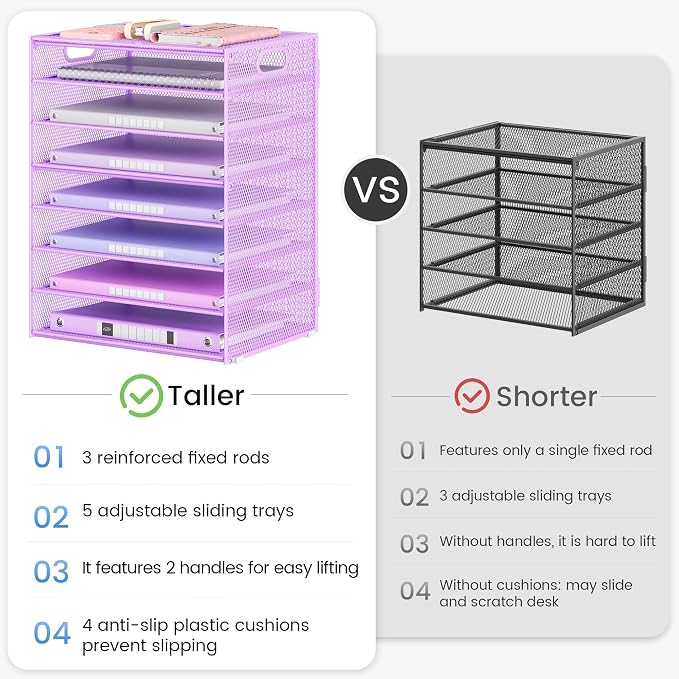 Lavatino 8-Tier Office Desk File Organizer, Letter Tray Paper Organizer with Handle, Including 5 Adjustable Slide Trays for Organizing Desktop Workspace Accessories and Supplies (Purple Metal Mesh) - Image 6