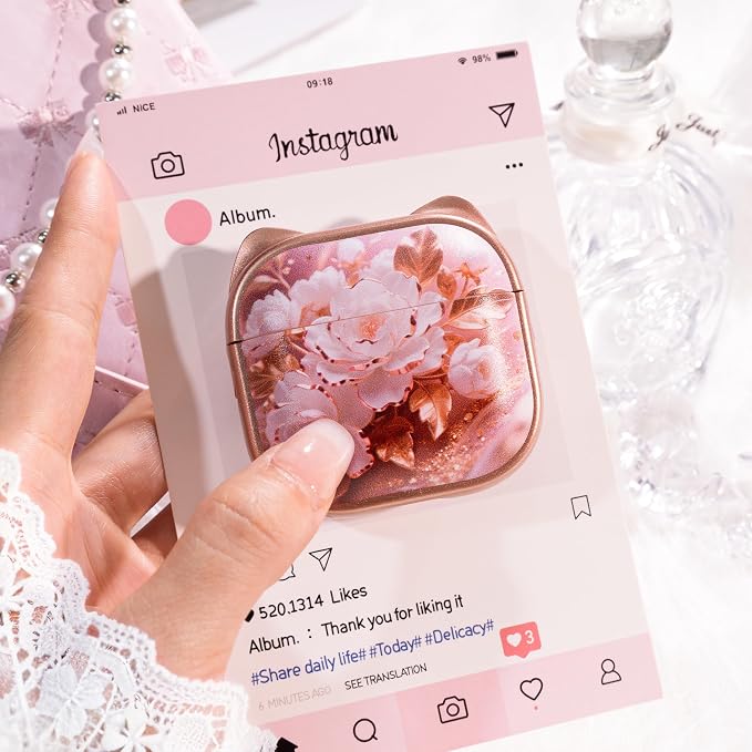 for AirPods 4 Case with Cleaning Kit, Cute Cat Ear Print Design & Cute Buckle, Inverted Phone Holder Design, Top Safe Lock Buckle Design, for Girls AirPods 4 case 2024, Rose Gold Peony - Image 4