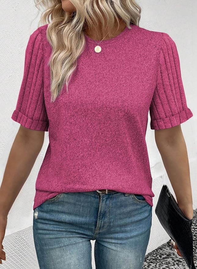 SHEWIN Women's Short Sleeve Summer Tops Crewneck Knit Solid Loose Casual Basic T Shirts Tee Blouses - Image 2