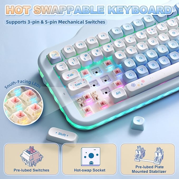 YUNZII C98 Cute Cake Wireless Mechanical Keyboard(Blue, Candy Switch) | 99 Keys with Number Pad, Hot Swap, PBT MOA Keycaps, BT5.0/2.4G/USB-C, Gasket Mount, Custom RGB Backlit for Win/Mac - Image 5