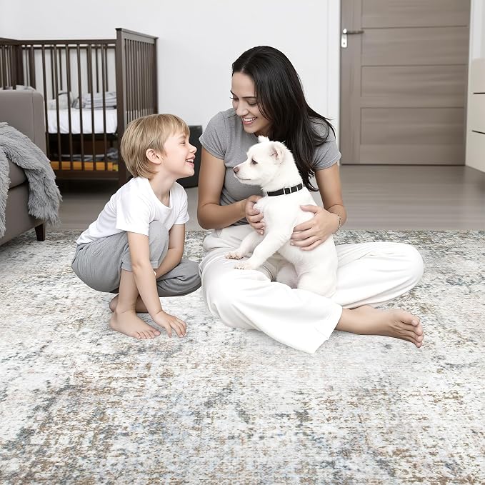 Round Area Rug for Living Room: 5 ft Washable Modern Abstract Soft Thin Rug Indoor Floor No Slip Stain Resistant Carpet for Bedroom Dining Room Farmhouse Nursery Home Office - Brown Grey - Image 8