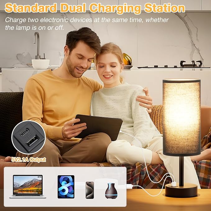 Dicoool Bedside Table Lamp for Bedroom - 3-Way Dimmable Touch Lamp, USB A+C | LED Bulb Included, 14" Small Nightstand Lamp for Desk, Living Room, Guest Room, Black Fabric Lampshade, Black Metal Base - Image 4