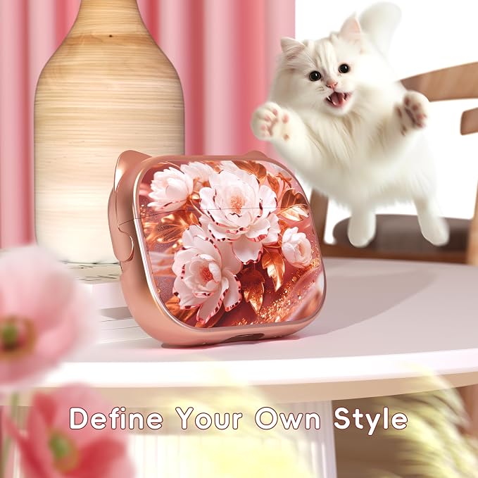 for AirPods Pro 2 Case with Cleaning Kit, Cute Cat Ear Print Design & Cute Buckle for Girls, Phone Holder & Top Safe Lock Buckle Design for AirPods Pro 2nd/1st Gen case, Rose Gold Peony - Image 2